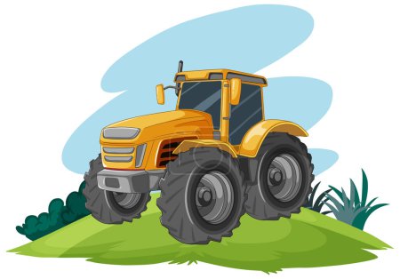 Ilustración de Una ilustración de dibujos animados de un tractor amarillo en una colina, aislado sobre un fondo blanco - Imagen libre de derechos