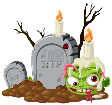 Ilustración de Dibujos animados espeluznantes ilustración de una cabeza de zombi con una vela en la cabeza junto a una lápida en un cementerio - Imagen libre de derechos
