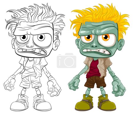 Téléchargez les illustrations : Un vieux zombie grincheux à la peau verte dans un style d'illustration de dessin animé - en licence libre de droit