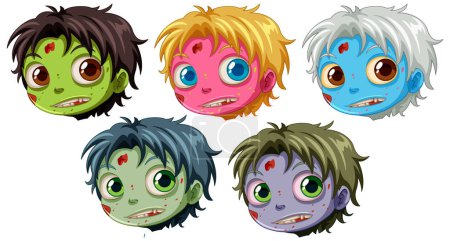 Téléchargez les illustrations : Un ensemble d'illustrations vectorielles mettant en vedette des personnages zombies adolescents masculins avec différentes couleurs de peau - en licence libre de droit