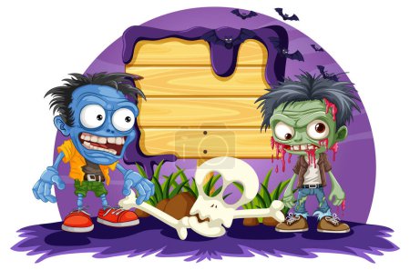 Téléchargez les illustrations : Une bannière en bois effrayante avec un thème d'Halloween zombie - en licence libre de droit