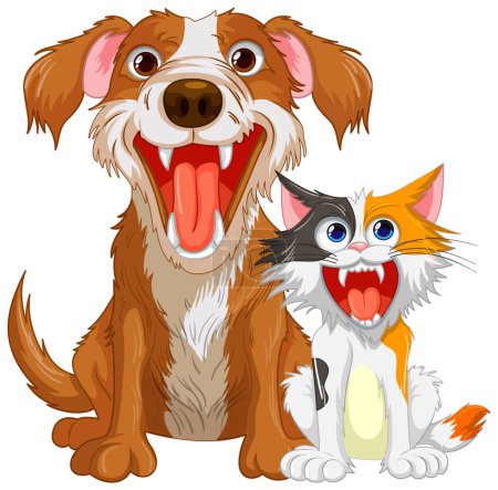 Illustration for A cartoon illustration of a cat and dog with sharp teeth bared, isolated on a white background - Royalty Free Image