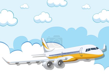 Illustration for A cartoon illustration of a commercial airline plane flying against a clear blue sky background - Royalty Free Image