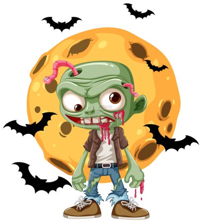 Téléchargez les illustrations : Une scène de dessin animé effrayante mettant en vedette un zombie, une grosse lune et une chauve-souris volante - en licence libre de droit