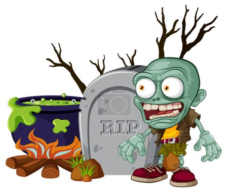 Illustration for A vector cartoon illustration of a zombie brewing a potion near a tombstone - Royalty Free Image