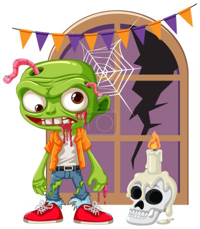 Téléchargez les illustrations : Un zombie effrayant se tient devant une fenêtre cassée ornée de décorations d'Halloween - en licence libre de droit