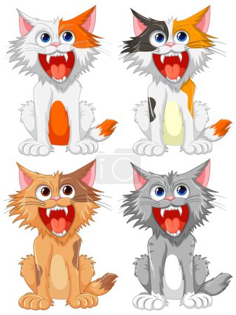 Téléchargez les illustrations : Quatre chats de dessin animé à la bouche ouverte et aux dents acérées, isolés sur un fond blanc - en licence libre de droit