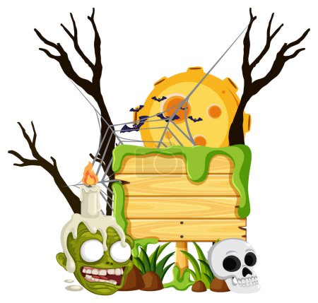 Illustration for A spooky wooden boarder banner with a zombie Halloween cemetery theme - Royalty Free Image