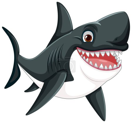 Téléchargez les illustrations : Illustration vectorielle d'un grand requin blanc aux grandes dents souriantes et nageant, isolé sur blanc - en licence libre de droit