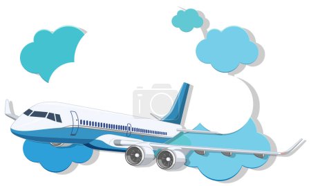 Ilustración de Una ilustración de dibujos animados de una aerolínea comercial volando en un cielo azul claro - Imagen libre de derechos