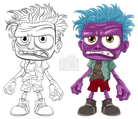 Ilustración de Un viejo y gruñón hombre zombi con piel morada para colorear - Imagen libre de derechos
