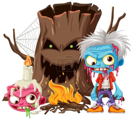 Illustration for A vector cartoon illustration of a zombie standing next to a monstrous evil tree, perfect for Halloween-themed designs - Royalty Free Image