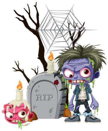 Illustration for A spooky Halloween-themed illustration featuring a zombie cartoon character and a tombstone - Royalty Free Image