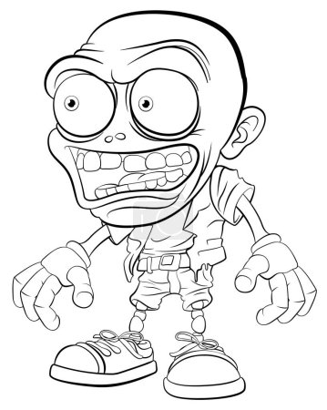 Ilustración de Un contorno de dibujos animados vectorial de un hombre zombi espeluznante y aterrador con una cabeza calva - Imagen libre de derechos