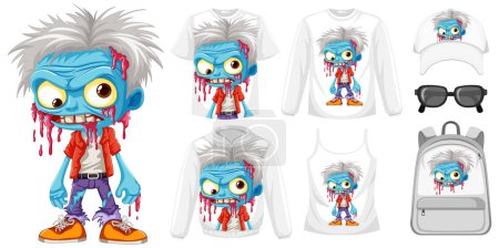 Téléchargez les illustrations : Une illustration vectorielle de dessin animé d'un personnage de zombie présenté sur divers produits - en licence libre de droit