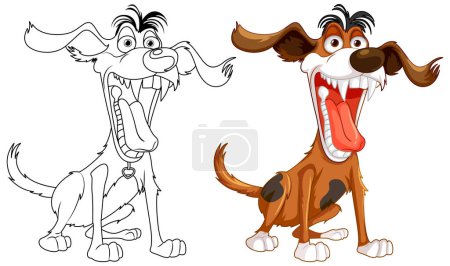 Téléchargez les illustrations : Illustration vectorielle d'un chien fou, la bouche ouverte, montrant des dents acérées et un contour à colorier - en licence libre de droit