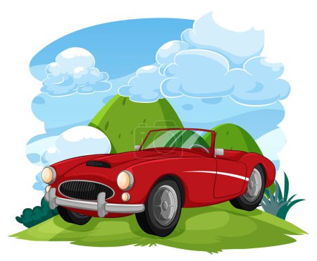 Téléchargez les illustrations : Une voiture décapotable vintage rouge est garée dans un arrière-plan de campagne montagneuse - en licence libre de droit