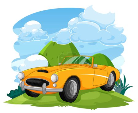 Ilustración de Un coche descapotable amarillo vintage está estacionado en un paisaje montañoso - Imagen libre de derechos