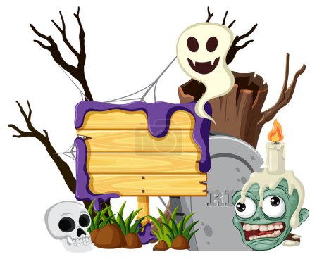 Ilustración de Una pancarta de madera espeluznante con un tema de Halloween zombie - Imagen libre de derechos