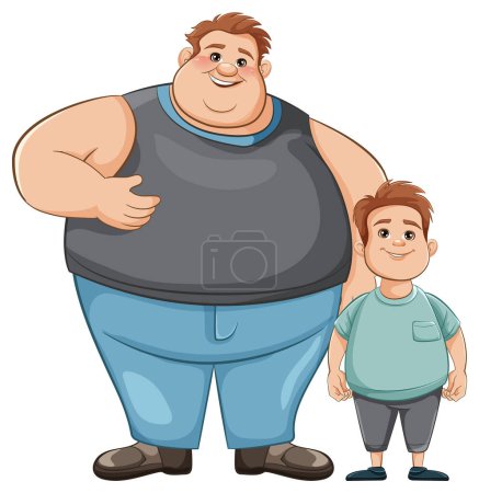 Illustration for A cheerful fat father and chubby son cartoon illustration, isolated on a white background - Royalty Free Image