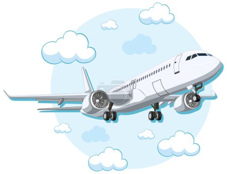 Illustration for A vector cartoon illustration of a commercial airline airplane soaring in a clear blue sky - Royalty Free Image