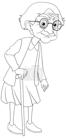 Illustration for An old grandmother using a walking stick, depicted in a vector cartoon style - Royalty Free Image