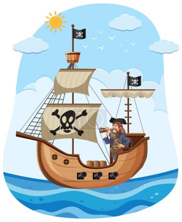 Téléchargez les illustrations : Pirate naviguer le bateau dans la mer illustration - en licence libre de droit