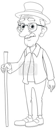 Téléchargez les illustrations : Illustration schématique d'un homme âgé marchant avec un bâton de marche - en licence libre de droit