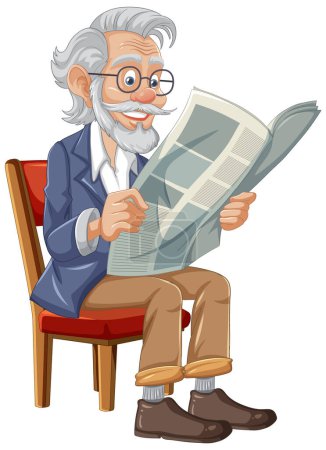 Téléchargez les illustrations : Un homme âgé avec une barbe et des lunettes lisant un journal sur une chaise vintage - en licence libre de droit