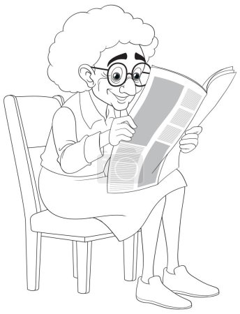 Ilustración de Una anciana con gafas se sienta en una silla vintage, absorta en la lectura de un periódico - Imagen libre de derechos