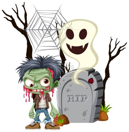 Illustration for A vector cartoon illustration of a zombie standing in front of a tombstone and ghost, in a Halloween-themed setting - Royalty Free Image
