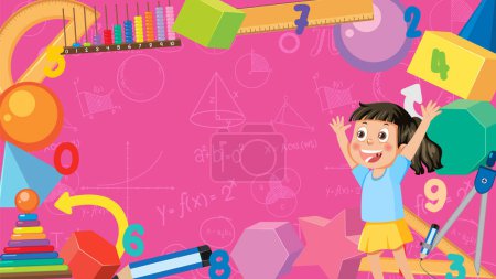 Ilustración de Alegre chica de dibujos animados en Matemáticas-Tema rosa fondo ilustración - Imagen libre de derechos