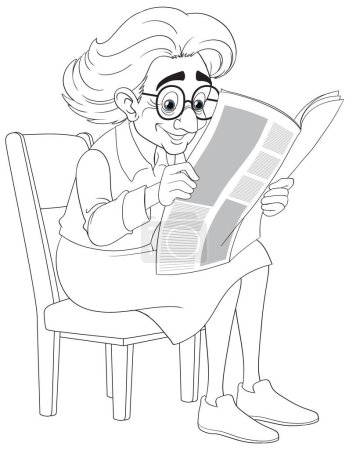 Téléchargez les illustrations : Une vieille grand-mère portant des lunettes s'assoit sur une chaise vintage, absorbée par la lecture d'un journal - en licence libre de droit