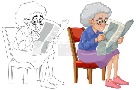 Téléchargez les illustrations : Une femme âgée portant des lunettes lit un journal sur une chaise vintage - en licence libre de droit