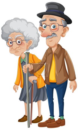 Téléchargez les illustrations : Une illustration de dessin animé attachante de vieux grands-parents faisant une promenade tranquille - en licence libre de droit