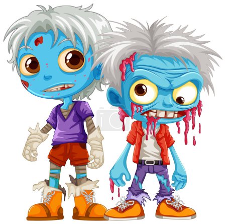 Ilustración de Personajes de dibujos animados vectoriales con un grupo de zombis masculinos con piel azul - Imagen libre de derechos