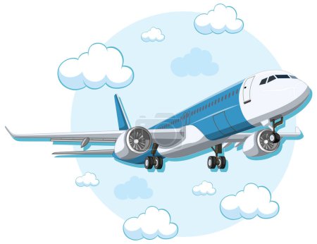 Illustration for A vector cartoon illustration of a commercial airline airplane soaring through a clear blue sky - Royalty Free Image