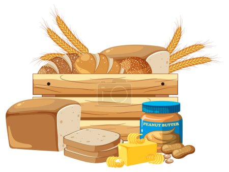 Illustration for A group of organic wheat products including bread, bakery items, and peanut butter - Royalty Free Image