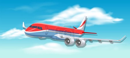 Téléchargez les illustrations : Illustration de dessin animé d'un avion commercial volant dans un ciel bleu clair - en licence libre de droit