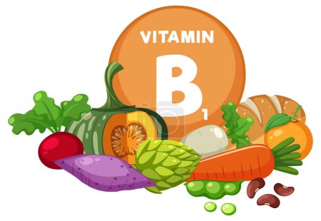 Illustration for A colorful cartoon illustration of a variety of vitamin B1-rich fruits and vegetables - Royalty Free Image