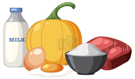 Téléchargez les illustrations : Illustration d'une variété d'aliments nutritifs, y compris le lait, la citrouille, l'œuf, le riz et la viande - en licence libre de droit