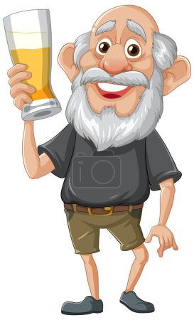 Illustration for A lively cartoon character of an elderly man savoring his beer - Royalty Free Image