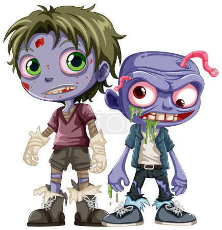 Ilustración de Un conjunto de personajes de dibujos animados zombies masculinos con piel púrpura - Imagen libre de derechos
