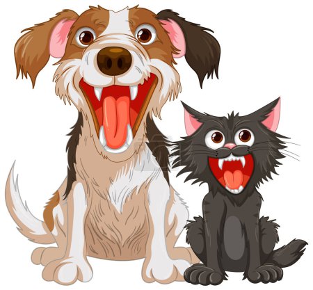 Ilustración de Una ilustración de dibujos animados de un gato y un perro con bocas abiertas y dientes afilados, aislados sobre un fondo blanco - Imagen libre de derechos