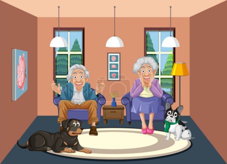 Illustration for Happy grandparents enjoy the company of their Rottweiler and Pug dogs on a living room couch - Royalty Free Image