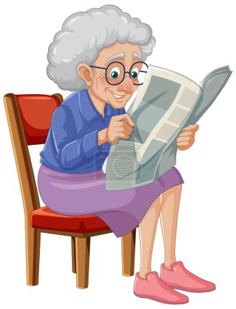 Ilustración de Vieja abuela usando gafas disfruta leyendo periódico en silla vintage - Imagen libre de derechos
