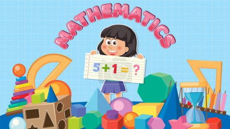 Téléchargez les illustrations : Illustration de fille tenant une équation mathématique avec des objets mathématiques - en licence libre de droit