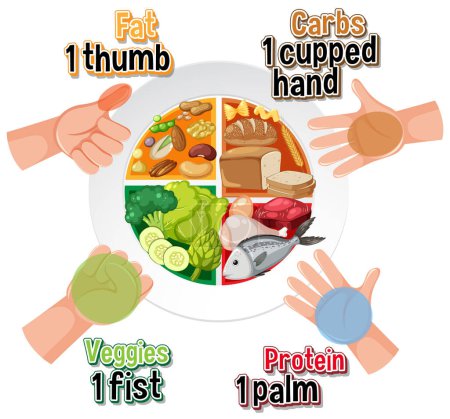 Ilustración de Comparación de cantidades de alimentos utilizando tamaños de porciones de mano - Imagen libre de derechos