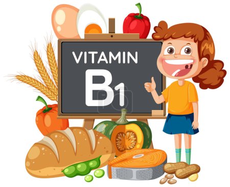 Illustration for Female student showcasing the importance of Vitamin B1 through food - Royalty Free Image