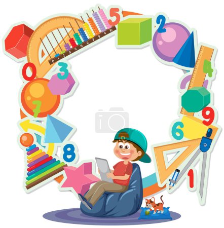 Illustration for A boy using a tablet to learn math with various tools on a circle banner - Royalty Free Image
